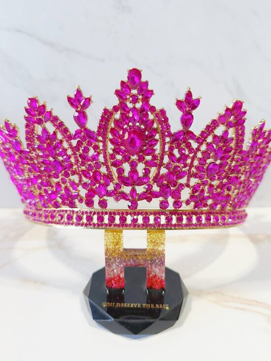 Fuchsia Color Rhinestone Tiara, Queen Crown, Gold Pageant Crown, Birthday Crown main image 7